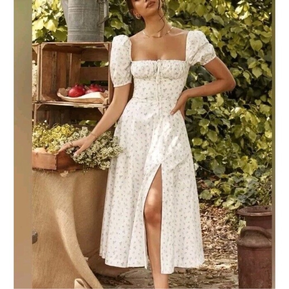 House of CB Tallulah Floral Corset Puff Sleeve Midi Dress XS NWT